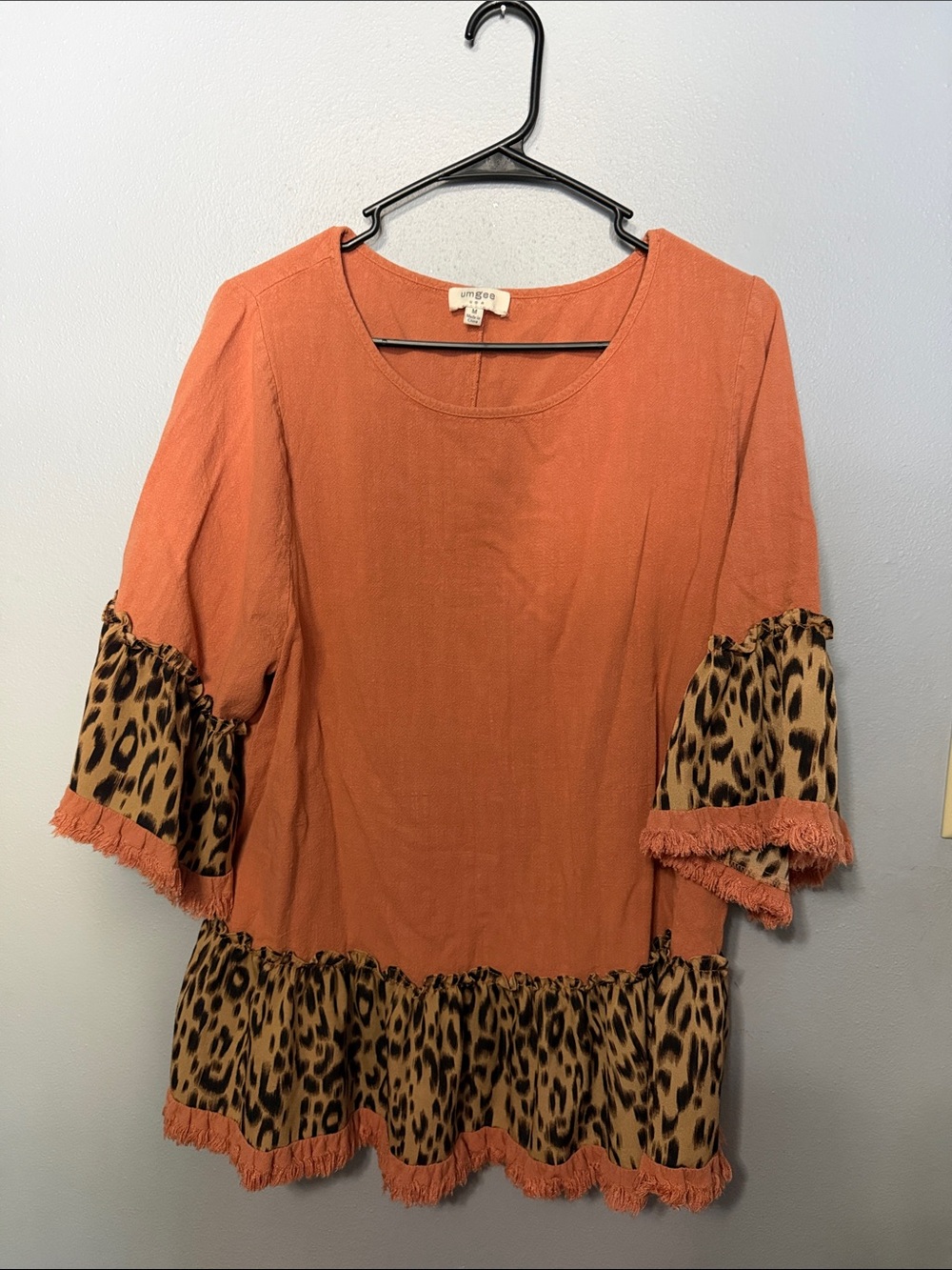 Umgee Burnt Orange Tunic with Leopard Ruffle Trim